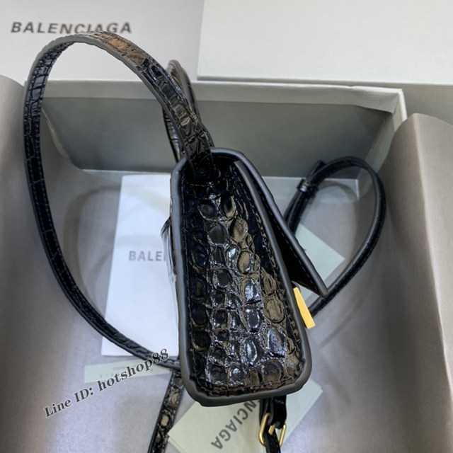 Balenciaga專櫃爆款迷你鱷魚紋黑色金扣手提女包 巴黎世家mini Hourglass沙漏包 fyj1929